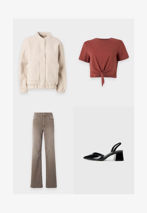 Beige Fleecejacke mit hohem Kragen, zwei Fronttaschen und elastischen Bündchen. Weiche Textur mit einer kastigen Silhouette und minimalem Design.; Rostfarbiges, kurzes T-Shirt aus weicher Baumwolle mit kurzen Ärmeln und einem geknoteten Vorderteil. Sanfte Textur, runder Ausschnitt.; Braune hoch taillierte Straight-Leg-Jeans mit vorderem Knopf, Gürtelschlaufen und klassischem Fünf-Taschen-Design auf weißem Hintergrund.; Schwarze Lackleder-Slingback-High Heels mit spitzem Schuh und einem geometrischen Blockabsatz. Verfügt über ein schlankes, minimalistisches Design und eine glatte Textur.