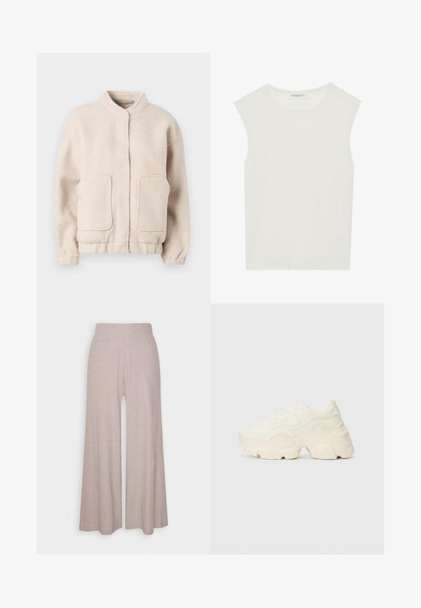 Jachetă din fleece bej cu guler înalt, două buzunare frontale și manșete elastice. Textură moale cu o siluetă pătrată și detalii minime.; Top alb fără mâneci, cu decolteu rotund. Fabricat dintr-un material neted, prezintă o croială lejeră și un design minimalist. Fără modele sau accente.; Pantaloni largi de culoare gri deschis, dintr-un material moale, cu textură în rilief, având un talie înaltă și picioare lungi, cu o textură subtilă.; Tenisi albi voluminoși, fabricați din plasă texturată și materiale sintetice, cu o talpă groasă și detalii de model intricate pe laturi.