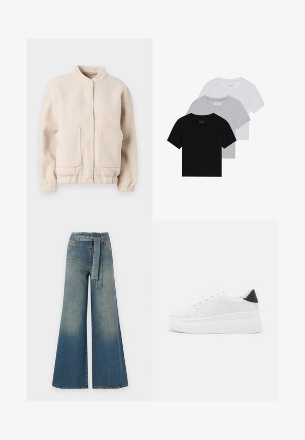 Šviesiai rudas fliso švarkas su aukštu apykakle, dviem priekinėmis kišenėmis ir elastingomis apykaklėmis. Minkšta tekstūra, kvadratinė siluetas ir minimalus dekoras.; Trijų trumpomis rankovėmis marškinėlių rinkinys juodos, pilkos ir baltos spalvos. Pagaminti iš medvilnės, turi apvalų iškirpimą ir paprastą, vientisos spalvos dizainą.; Platus džinsinis kelnes su šviesiai tamsiai mėlynu gradientu, aukštu juosmeniu, diržo kilpomis ir atitinkančiu audinio diržu. Textūruotas džinsinis paviršius.; Balti platforminiai sportbačiai, pagaminti iš lygios sintetinio audinio, su apvaliu pirštu, raištelių užsegimu ir tekstūruota guma padanga. Juodas kulno akcentas.