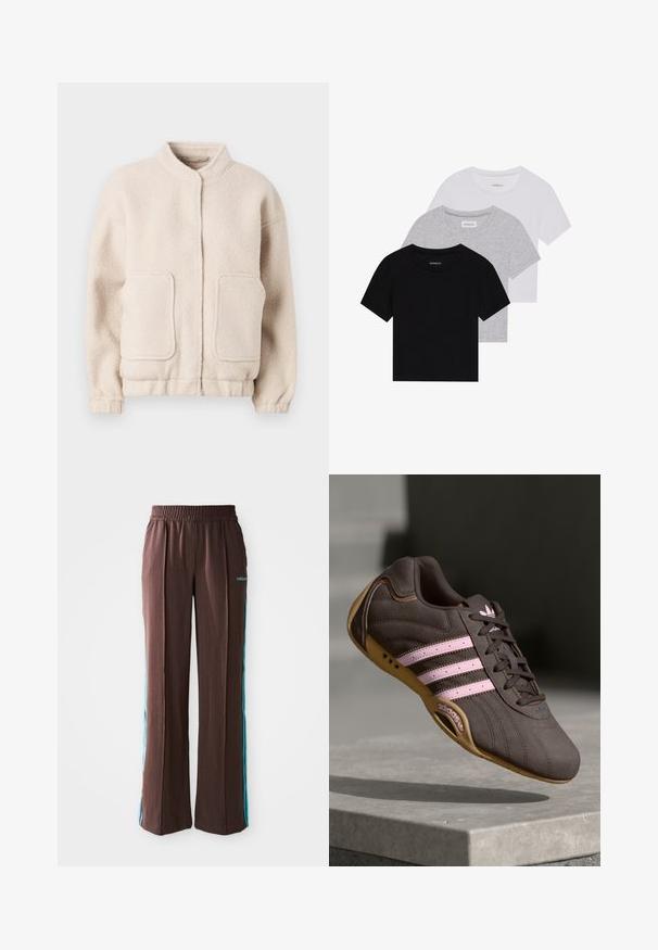 Beige fliistekampsun kõrge kaelusega, kahe eesmine taskuga ja elastsete varrukatega. Pehme tekstuur, kastja siluett ja minimaalne detaile.; Kollektsioon kolm lühikese varrukaga T-särki mustas, hallis ja valges värvitoonis. Valmistatud puuvillast, ümmarguse kaelusega ja lihtsa, ühevärvilise disainiga.; Pruunid spordipüksid, millel on soonikkoes, elastne vöökoht ja türkiissinised külje triibud. Esiosas on adidas logo.; Pruunist nahast sportlik king, millel on roosa triip ja logo, tekstureeritud ülemine osa, paeltesulgur ning kummist tallad.