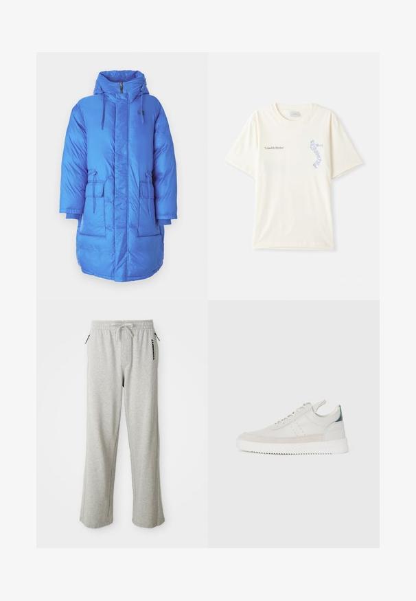 Casaco puffer azul com uma gola alta, capuz, fecho frontal, dois grandes bolsos frontais e cordões ajustáveis. Material suave e brilhante.; T-shirt de algodão branca com mangas curtas, apresentando o texto "United By Rhythm" em gráfico preto e azul no peito. Design de gola redonda.; Calças de moletom cinzentas feitas de um tecido suave, com cintura elástica ajustável, bolsos laterais e um logótipo impresso na perna esquerda.; Ténis brancos em pele com detalhes em camurça cinza, design de atacadores, com alça de puxar e sola de borracha texturizada com padrão em zigzag.