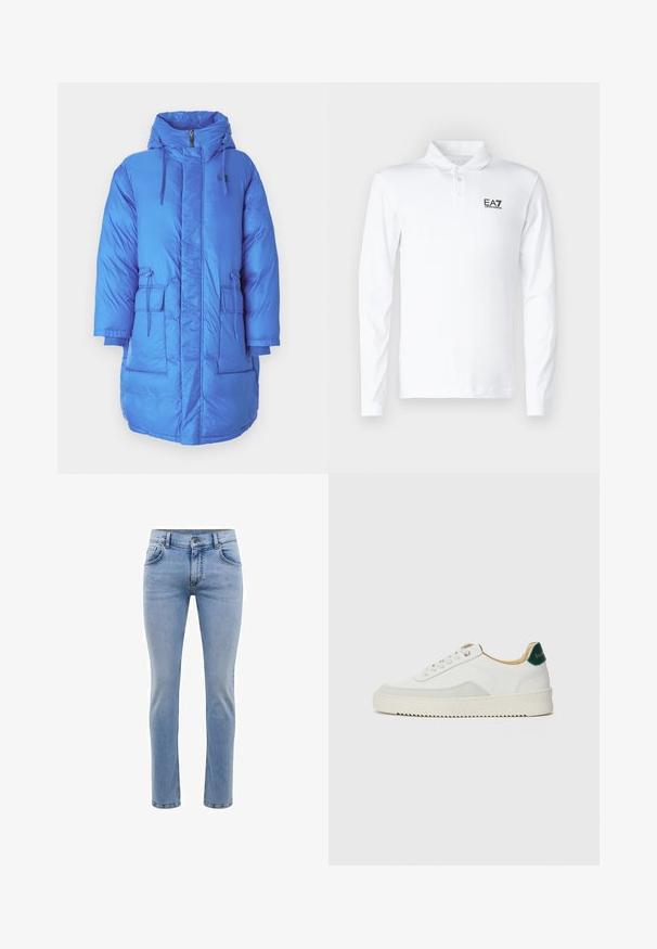 Zils pūkains mētelis ar augstu apkakli, kapuci, priekšējo rāvējslēdzēju, divām lielām priekšējām kabatām un regulējamiem aukliņām. Gluda, spīdīga materija.; Balts garās piedurknes polo krekls, kas izgatavots no kokvilnas, ar klasisku apkakli, trim pogām un melnu EA7 logo uz krūtīm.; Gai zila denima bikses ar šauru piegriezumu, piecām kabatām un taisnu kāju dizainu. Iekļautas rāvējslēdzēju aizdare un jostas cilpas. Mīksta tekstūra.; Baltas sneakers ar zamša akcentiem, noapaļota purngala, plakaniem auklām un krēmkrāsas gumijas zoli. Ar zaļu zīmolu uz papēža.