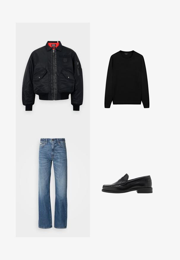 Czarna kurtka bombowca z zamkiem błyskawicznym, z czerwoną podszewką, dwoma przednimi kieszeniami i jedną kieszenią boczną. Teksturowany materiał o matowym wykończeniu.; Czarny sweter z długim rękawem i okrągłym dekoltem. Wykonany z miękkiego materiału, o klasycznym kroju z ribbowanymi mankietami i dołem. Bez wzorów ani akcentów.; Szara, długosleeve koszula zapinana na guziki, wykonana z gładkiego bawełnianego materiału. Posiada klasyczny kołnierzyk i zaokrąglony dół oraz sześć ciemnych guzików z przodu.; Niebieskie dżinsy z prostymi nogawkami, wysokim stanem i delikatnym wyblaknięciem. Zawierają zapięcie na guzik i zamek błyskawiczny oraz klasyczny pięciopocketowy design.; Czarne skórzane mokasyny o gładkim wykończeniu, ze stębnowaniem na nosie i niskim obcasem, zapewniającymi komfort i styl.