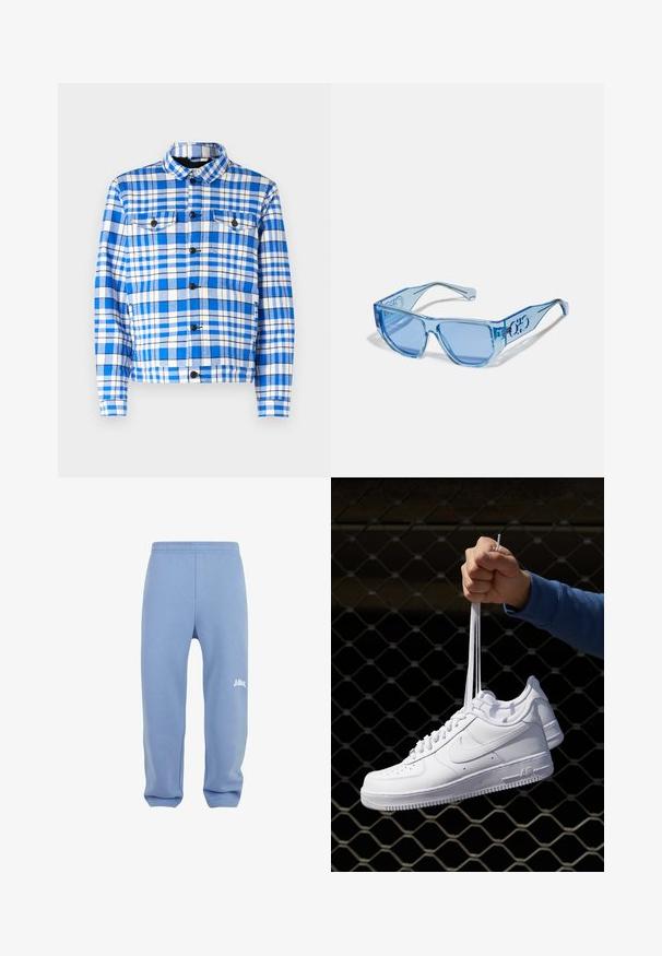 Blauw-wit geruit overhemd met een kraag, voorzien van twee voorzakken, zwarte knopen en een zachte stofstructuur.; Lichtblauwe hoodie van zacht materiaal, met een voorzak, ribgebreide manchetten en een capuchon met trekkoord. Minimale branding op de zak.; Lichtblauwe sweatpants met een elastische tailleband, taps toelopende benen en een wit logo op de linkerdij. Gemaakt van zachte, gestructureerde stof.; Witte leren sneakers met perforaties, ronde neus, vlakke zool en dikke veters, met een zichtbare swoosh-logo en "AIR" op de hiel.; Blauwe zonnebril met een transparant kunststof frame, hoekige vorm en blauw getinte glazen. Bevat logo detail op de armen.