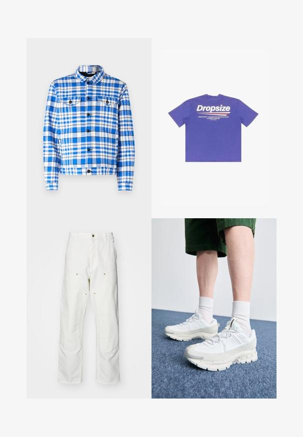 Sinine ja valge ruuduline särk koos krae ja kahe eesmise taskuga, mustade nööpidega ja pehme kangastekstuuri abil.; Lilla lühikese varrukaga t-särk, mis on valmistatud puuvillast, seljaosas "Dropsize" logo ja tekstiga, lihtsa disaini ja mugava lõikega.; Valged puuvillased cargo püksid, millel on mugav lõige. Omadusteks on esikotid, kuldse riistvara aktsendid ja tugevdatud põlveosad.; Valged sportsijalatsid tekstuursete pealsete, kopsaka tallaga ja hallide aktsentidega. Kanda valgete lühikeste sokkidega ja roheliste lühikeste pükstega sinisel pinnal.