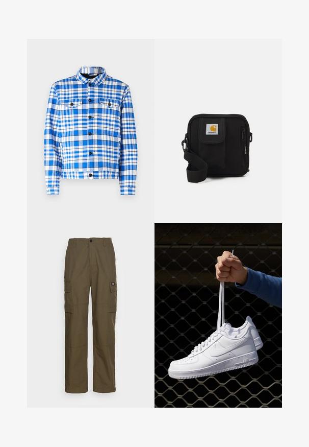 Karoblaues und weißes Hemd mit Kragen, ausgestattet mit zwei vorderen Taschen, schwarzen Knöpfen und einer weichen Stoffstruktur.; Weißes T-Shirt mit kurzen Ärmeln aus Baumwolle, mit Rundhalsausschnitt und glatter Textur, gerader Schnitt und ohne Muster.; Cargo-Hosen in olivgrün, aus strapazierfähigem Stoff. Verfügt über zwei Seitentaschen, eine normale Taille und ein gerades Bein.; Weiße Leder-Sneaker mit Perforationen, runder Zehenpartie, flacher Sohle und dicken Schnürsenkeln, mit sichtbar eingesticktem Swoosh-Logo und "AIR" an der Ferse.; Schwarze Umhängetasche mit einem Reißverschluss-Hauptfach, einer Fronttasche, einem verstellbaren Tragegurt und einem sichtbaren Logo-Patch auf dem Deckel.
