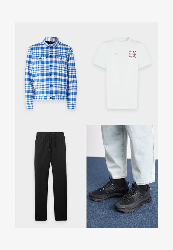 Karoblaues und weißes Hemd mit Kragen, ausgestattet mit zwei vorderen Taschen, schwarzen Knöpfen und einer weichen Stoffstruktur.; Weißes Baumwoll-T-Shirt mit rotem "NIKE"-Grafik und Schriftzug auf der linken Brustseite. Kurze Ärmel und Rundhalsausschnitt, glatte Textur.; Schwarze Sweatpants aus Fleece, mit einem elastischen Bund mit Kordelzug, zwei Fronttaschen und einem kleinen Logo auf dem Oberschenkel.; Schwarze Sportschuhe aus strukturiertem Stoff mit Gummisohlen, ausgestattet mit elastischen Schnürsenkeln und einem blauen Akzent an der Ferse. Getragen mit hellen Jeans.