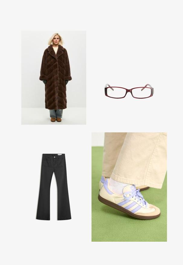 Cesare Gaspari - Płaszcz zimowy; Granatowy sweter z dekoltem w serek, długimi rękawami, ściągaczami przy mankietach i na dole. Wykonany z miękkiego materiału dzianinowego, charakteryzuje się luźnym krojem i minimalistycznym designem.; Czarne dżinsy w fasonie z dzwonami, wykonane z denimu o gładkiej teksturze, z dwiema tylnymi kieszeniami i zapięciem na guzik w talii.; Kremowe i lawendowe trampki z trzema paskami oraz teksturowaną brązową podeszwą, wyposażone w sznurówki i wyścieloną piętę. Górna część z miękkiego materiału.; Czerwone prostokątne okulary z eleganckim designem. Przezroczyste soczewki, lekko przezroczyste zauszniki oraz efekt gradientu od czerwonego do szarego.