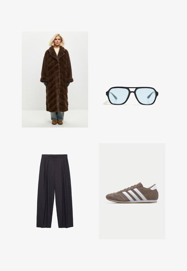 Cesare Gaspari BELTED - Geacă - brown; Tricou scurt cu mânecă scurtă, de culoare maro, fabricat din bumbac moale. Are un decolteu rotund și o croială tip boxy, cu o textură netedă și fără modele vizibile.; Pantaloni largi dintr-un material de culoare albastru închis, cu dungi verticale subtile, având închidere cu nasture și un talie bine definită.; Pantof pentru sport din suede maro, cu dungi albe, vârf rotund, design cu șireturi și talpă din cauciuc natural. Suprafață texturată cu detalii de cusătură.; Ochelari de soare negri cu rame rectangulare, lentile cu nuanță albastră și un design distinctiv al punții. Finisaj elegant, textură subtilă.; Geantă din piele texturată de culoare taupe, cu maner superior, curea pentru umăr ajustabilă și detaliu decorativ sub formă de nod, pe un fundal alb curat.