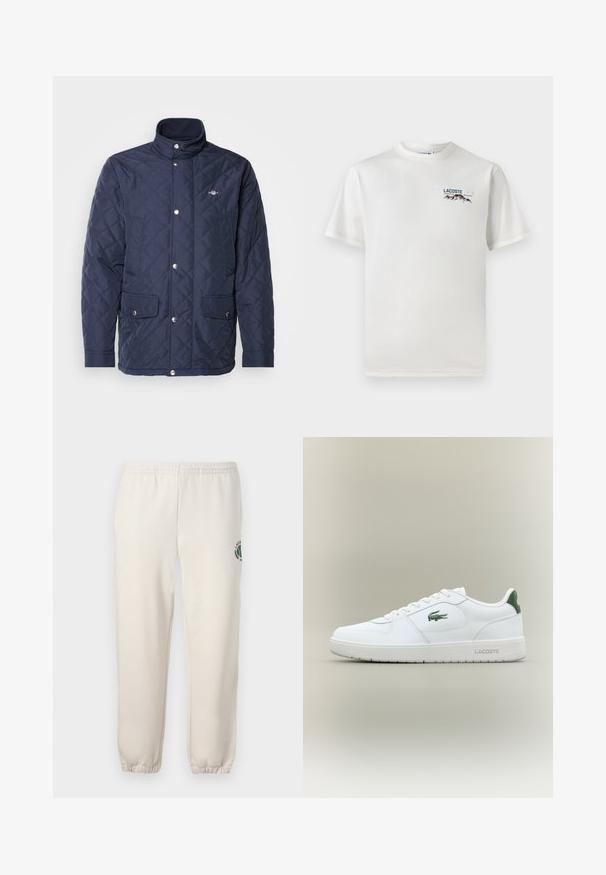 Jūras krāsas quiltēta jakas ar pacelto apkakli, divām sānu kabatām, spiedpogu aizdari un mazu logotipu kreisajā augšējā krūtī.; Balts kokvilnas T-krekls ar apaļu kakla izgriezumu, īsām piedurknēm un mazu izšūtu logo ar kalniem un tekstu kreisajā krūtīs.; Gaiši bēši kokvilnas sporta bikses ar elastīgu jostu, ribotām apakšmalām un zaļu logotipu ar lapu dizainu kreisajā kājā.; Baltas ādas sneakers ar gludu apdari, zaļiem akcentiem uz papēža un zaļu logotipu sānos. Iezīmē platu zoli un apaļu pirkstu.