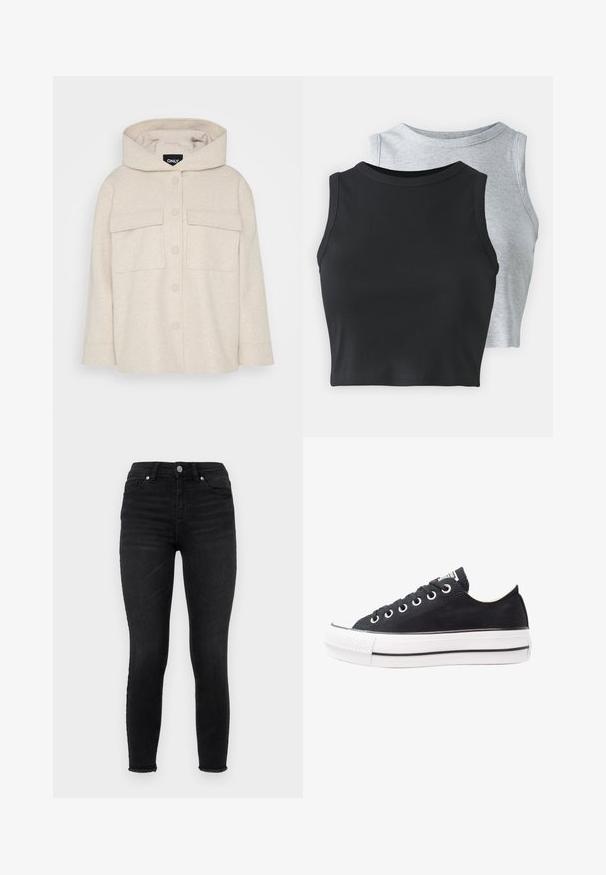 ONLY Petite ONLAUGUSTA HOOD JACKET - Viegla jaka - pumice stone; Even&Odd Petite 2 PACK - Tops - light grey/black; Melni skinny džinsi no denima, ar augstu vidukli, priekšējām kabatām un saplēstu apakšmalu. Gluda tekstūra ar klasisku piecu kabatu dizainu.; Melnas kanvas kedas ar baltu gumijas zoli, apaļi purngali, zema dizaina, metāla acu caurumi un teksturēts purngals. Plāna melna svītra gar zoli.