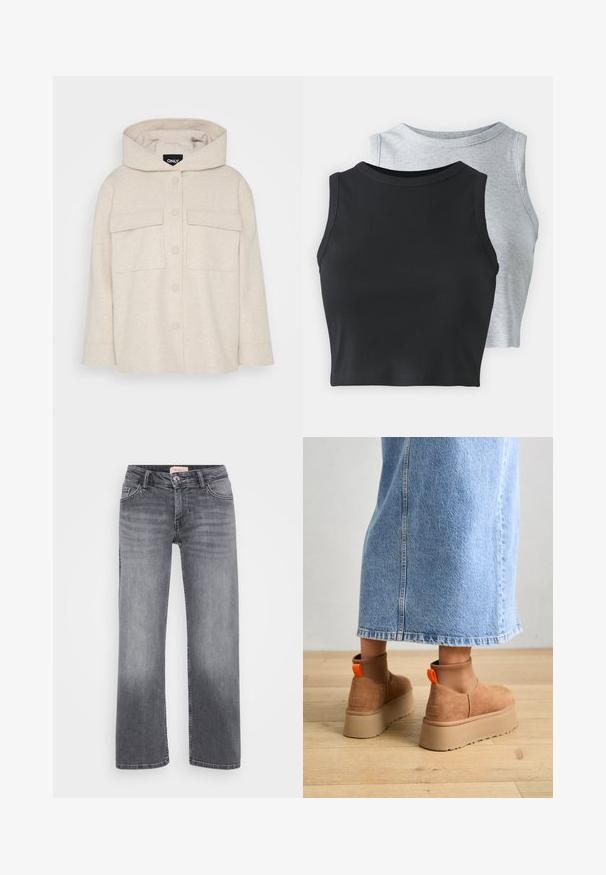 ONLY Petite ONLAUGUSTA HOOD JACKET - Lengva striukė - pumice stone; Even&Odd Petite 2 PACK - Viršus - light grey/black; Pilki džinsai su tiesiais džinsinių kojų dizainu, penkių kišenių stiliumi, subtiliu išblukimu ir sagčių uždarymu ties juosmeniu.; Rudos zomšiniai platforminiai batai su elastingomis šoniniais panirais ir oranžinėmis kilpomis, derinami su kelio ilgio šviesių džinsų sijonu ant medinių grindų.