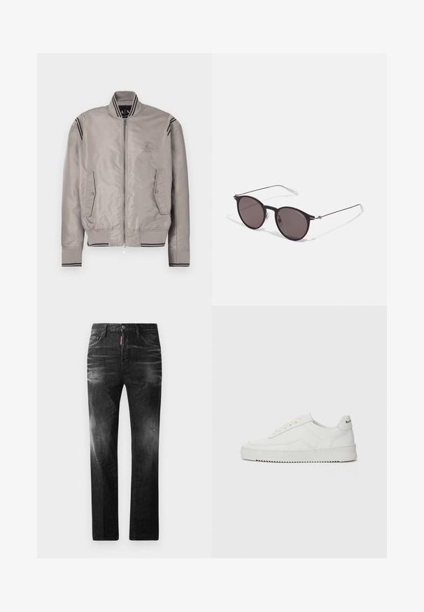 Light gray bomber jacket with a zip closure, ribbed cuffs, two front pockets, and black striped accents on the shoulders. Smooth, shiny material.; Black cotton T-shirt featuring a round neckline, short sleeves, and "EMPORIO ARMANI" logo in white above "Milano" in a curved design.; Black denim jeans with a straight fit. Features faded areas, minor distressing, classic five-pocket design, and a button closure.; White leather sneaker with a smooth finish, round toe, flat laces, and a textured sole. Features a subtle logo on the heel.; Black round sunglasses with dark lenses and slim metal arms. Includes clear temple tips and silver accents at the hinge. Minimalist design.