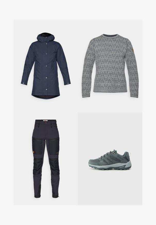 Navy modrá voděodolná parka s kapucí, patentkami, bočními kapsami a mírně prodlouženým zadním dílem pro extra ochranu.; Šedý vzorovaný svetr s kulatým výstřihem, texturovaná vlněná tkanina a žebrovaný lem. Na levém rukávu se nachází hnědá logo nášivka.; Tmavě šedé kalhoty s černými zesílenými záplatami. Mezi vlastnosti patří kapsy na zip, přiléhavý střih a odolná textilie.; Tmavě šedé trekingové boty s vrchním dílem z prodyšného materiálu a semiše, šněrovací design, polstrovaná podrážka a robustní podrážka s protiskluzovým vzorem.