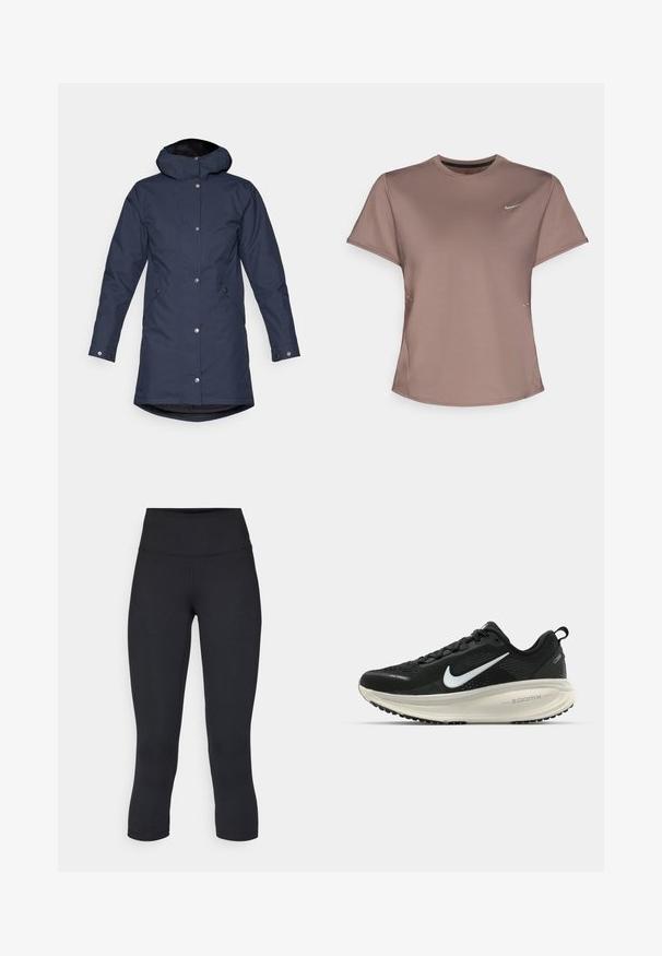 Parka imperméable bleu marine avec capuche, boutons-pression, poches latérales et un dos légèrement allongé pour une couverture supplémentaire.; T-shirt de sport marron à col rond, manches courtes et détails subtils sur les côtés. Présente un petit logo réfléchissant de Nike sur la poitrine.; Leggings noirs coupés en tissu extensible, avec une taille haute et une texture lisse, sans motifs ni éléments visibles.; Baskets de course noir Nike avec tige respirante en mesh, logo swoosh blanc, détails texturés et semelle intermédiaire ZoomX de couleur crème.
