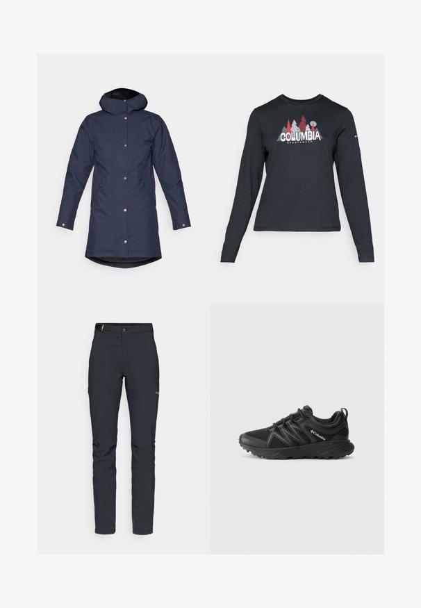 Parka impermeabile blu navy con cappuccio, bottoni a pressione, tasche laterali e un retro leggermente allungato per una copertura extra.; Maglietta a maniche lunghe grigia scura con una grafica di alberi rossi e montagne; logo "COLUMBIA" in caratteri bianchi in grassetto. Tessuto morbido, scollatura a girocollo standard.; Pantaloni da uomo per attività all'aperto, grigio scuro, realizzati in materiale elastico, dotati di cintura, tasche con zip e cuciture rinforzate.; Columbia PEAKFREAK - Scarpa da hiking - black