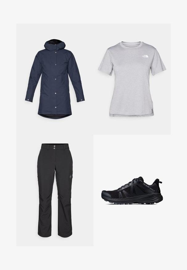 Marineblaue wasserdichte Parkajacke mit Kapuze, Druckknöpfen, Seitentaschen und einem leicht verlängerten Rücken für zusätzlichen Schutz.; Graues T-Shirt mit kurzen Ärmeln aus weichem, feuchtigkeitsableitendem Stoff. Hat einen Rundhalsausschnitt und ein kleines weißes Logo auf der oberen linken Seite.; Schwarze Outdoor-Hosen mit geradem Schnitt, Knopfverschluss, seitlichen Reißverschlusstaschen und einem Logo-Patch auf dem linken Oberschenkel.; Schwarzer Trailrunning-Schuh mit einem Obermaterial aus Mesh und Gummisohle. Mit strukturierten Überzügen, verstärkter Zehenkappe und Markenlogo an der Ferse.