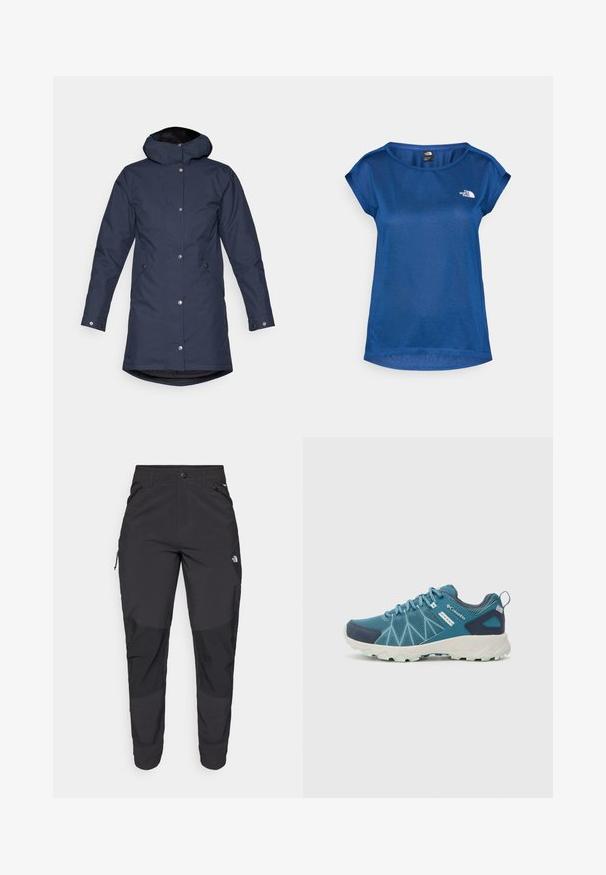 Tamsiai mėlynas vandeniui atsparus parka tipo džemperis su kapišonu, sagtimis, šoninėmis kišenių ir šiek tiek ilgesne nugarėle papildomam uždengimui.; The North Face TANKEN TANK - Sportiniai marškinėliai trumpomis rankovėmis - estate blue/light heather; Juodos lauko kelnės, pagamintos iš patvarios medžiagos. Turi užtraukiamas kišenes, sustiprintus kelio plotus ir tiesią konstrukciją, leidžiančią laisvai judėti.; Columbia PEAKFREAK™ II OUTDRY™ - Turistiniai batai - blue heron/skylight