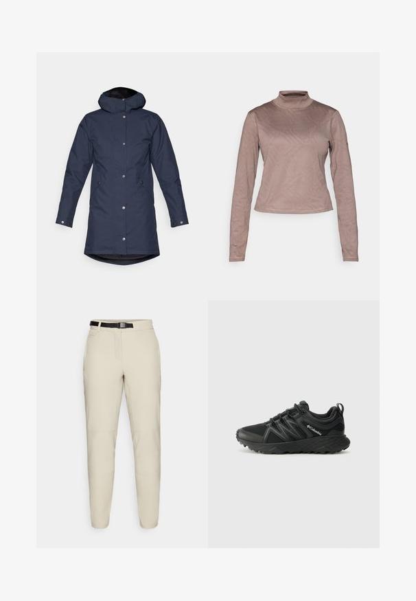 Parka impermeabilă de culoare bleumarin, cu glugă, nasturi tip capse, buzunare laterale și un spate ușor prelungit pentru o acoperire suplimentară.; Columbia GRANITE POINT™ - Bluză cu mânecă lungă - iron; Pantaloni bej cu o croială ajustată, confecționați dintr-un material neted, având un brâu negru ajustabil și buzunare laterale.; Columbia PEAKFREAK - Pantofi drumeție - black