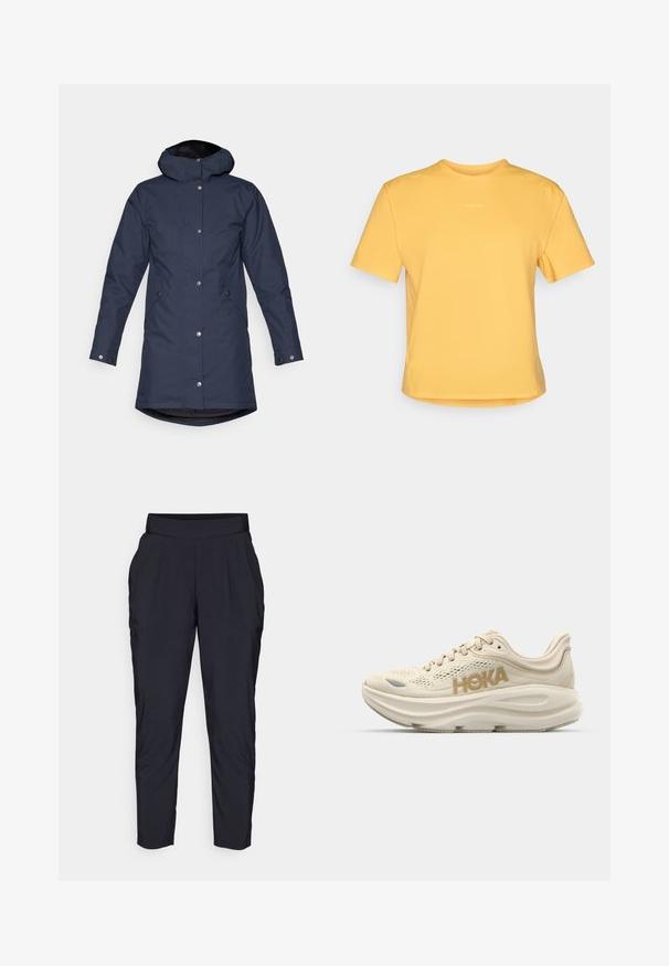 Sötétkék vízálló parka kabát kapucnival, patentgombokkal, oldalsó zsebekkel és enyhén megnyújtott hátrésszel a nagyobb fedezet érdekében.; Sárga, rövid ujjú póló, kerek nyakkivágással, puha anyagból készült. Finom logóval rendelkezik a mellkasnál és egyenes szegéllyel.; Fekete, szűkített szárú nadrág széles, rugalmas derékpánnnal, elülső redőkkel és oldalsó zsebekkel. Finom, könnyű anyagból készült.; Világos bézs futócipő, hálós felsőrésszel, párnázott nyakkal, kiemelkedő arany "HOKA" logóval és vastag, párnázott talppal a kényelem érdekében.