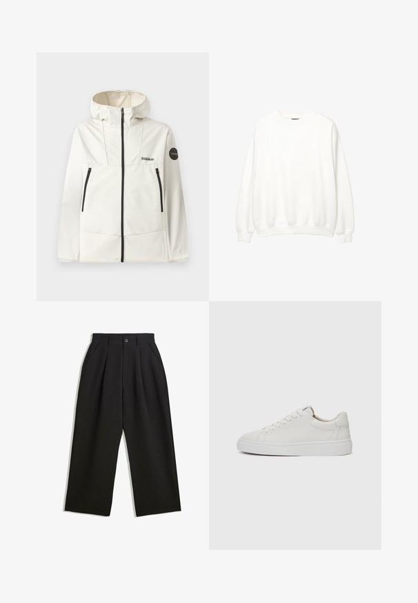 Kevyt, kermaisen värinen takki hupulla, jossa on mustat vetskarit, kaksi etutaskua ja pyöreä logo vasemmassa hihassa.; Valkoinen collegepaita, pyöreä kaulus, pitkät hihat, rento istuvuus. Pehmeä kangas, jossa ribboatut hihansuut ja helma. Minimalistinen muotoilu, ei näkyviä logoja tai kuvioita.; Musta housut rentoa istuvuutta, joissa on laskoksia edessä, sivutaskut ja nappisuljenta. Valmistettu teksturoidusta kankaasta.; Valkoiset nahkaiset matalakärkiset lenkkarit, joissa on pyöreä kärki, litteä valkoinen kumipohja ja minimalistinen ommel yksityiskohtana. Nauhat on kiinnitetty kuuden silmukan läpi.