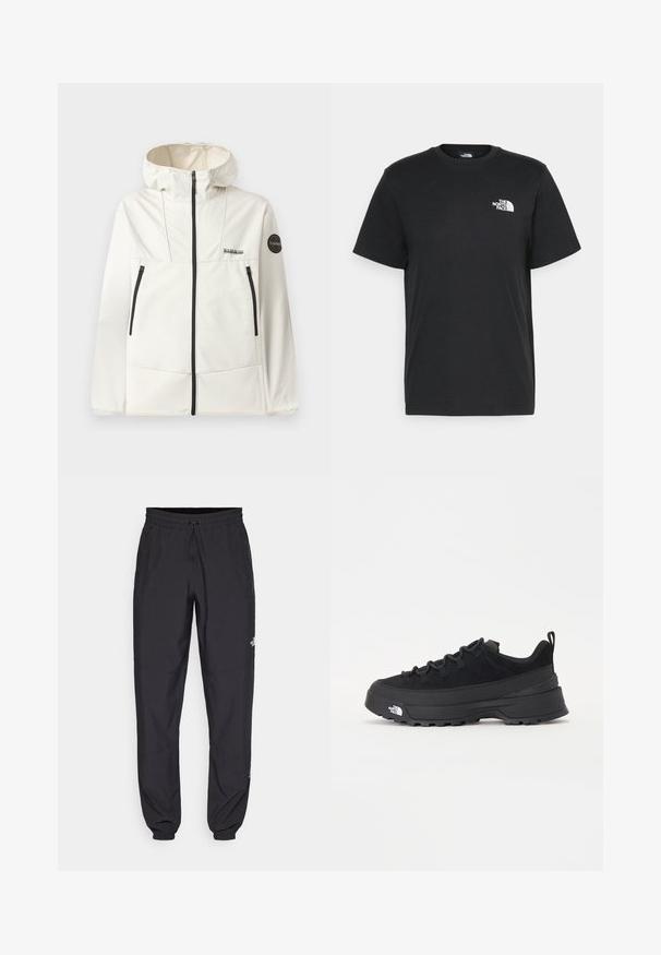 Veste légère de couleur crème avec une capuche, dotée de zips noirs, de deux poches avant et d'un logo circulaire sur la manche gauche.; T-shirt en coton noir à manches courtes, col rond, avec un petit logo blanc sur la poitrine gauche. Design simple, texture lisse et coupe décontractée.; Pantalon de sport noir en tissu léger, avec une taille à cordon, des poches latérales et des chevilles resserrées.; Baskets de plein air noires avec une tige en daim, semelle en caoutchouc texturé et un système de laçage robuste. Comprend un talon renforcé et un logo de la marque sur le côté.