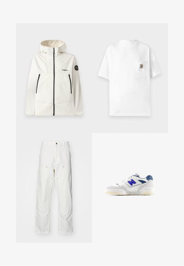 Lightweight, cream-colored jacket with a hood, featuring black zippers, two front pockets, and a circular logo on the left sleeve.; White cotton t-shirt with a round neck, short sleeves, and a chest pocket featuring a logo patch. Minimalist design and seamless texture.; White cotton cargo pants with a relaxed fit. Features include front pockets, gold hardware accents, and reinforced knee sections.; White sneakers with blue accents, made of leather and suede, featuring perforated details and a textured rubber sole.