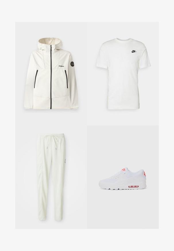 Kerge, kreemivärvi jakk kapuutsiga, mustade tõmblukkudega, kahe esipocketiga ja ümmarguse logoga vasakul varrukal.; Valge puuvillane T-särk lühikeste varrukatega, ümar kaelus ja must Nike logo vasakul rinnapiiril. Sile tekstuur ja klassikaline lõige.; Valged kitsad jooksvapüksid elastse vöökoha ja paelaga, külgseamide detailide ja väikese musta plaastriga paremal jalal.; Valged spordijalatsid, millel on sile pealis, seotud lipsud, pehmendusega tallad ja nähtav õhükamber, mille brändimisel on punased aktsendid.