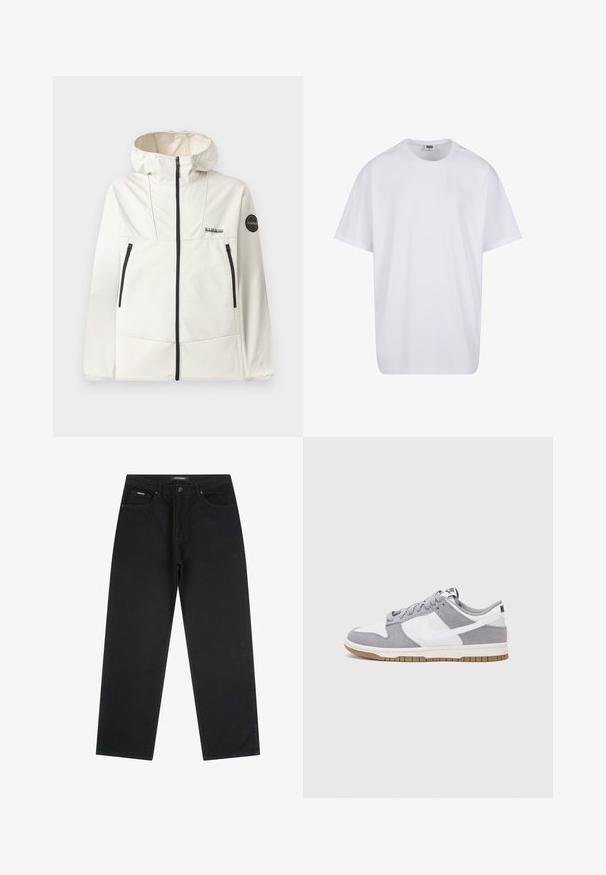 Lagani, kremasti sako s kapuljačom, s crnim patentnim zatvaračima, dva prednja džepa i kružnim logom na lijevoj rukavu.; Bijela pamučna majica s kratkim rukavima, zaobljenim izrezom, opuštenog kroja, bez vidljivih logotipa ili uzoraka. Glatka tekstura i minimalni dizajn.; Crne traperice ravnog kroja s prednjim gumbom i patent-zatvaračem, petljama za remen i dizajnom s pet džepova, položene ravno na bijeloj pozadini.; Sivi i bijeli tenisice s gornjištem od antilopa i kože, okruglim vrhom, ravnim vezicama i gumenim potplatom s dodatkom boje gume.