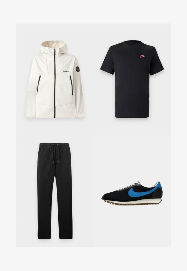 Veste légère de couleur crème avec une capuche, dotée de zips noirs, de deux poches avant et d'un logo circulaire sur la manche gauche.; T-shirt en coton noir avec un col rond et des manches courtes. Présente un logo Nike rose sur le côté supérieur gauche. Texture douce.; Pantalons de survêtement noirs en polaire, dotés d'une taille élastique avec cordons de serrage, de deux poches avant et d'un petit logo sur la cuisse.; Chaussure de sport noire avec accents bleus, tige en tissu texturé, lacets blancs et semelle en caoutchouc avec des rainures de traction prononcées.