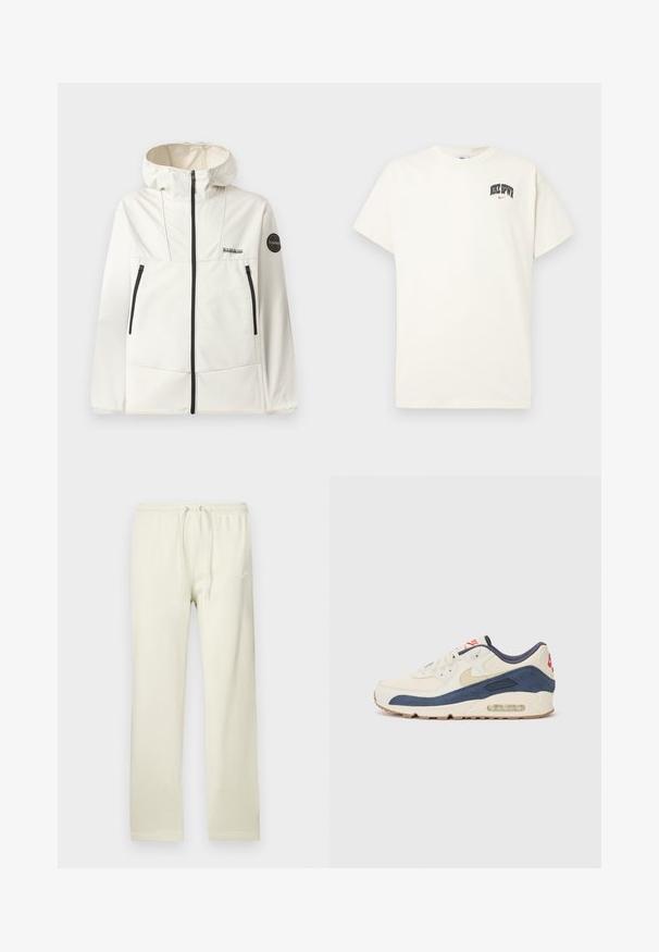 Lightweight, cream-colored jacket with a hood, featuring black zippers, two front pockets, and a circular logo on the left sleeve.; Cream-colored cotton t-shirt with short sleeves, featuring "NIKE SB" in black and red text on the chest. Standard round neckline.; Light beige sweatpants with a drawstring waist, made of soft material. Features a subtle Nike logo in white on the left thigh.; Sneakers with a cream leather and navy suede upper, featuring a visible air sole, beige rubber outsole, and red accent on the heel.