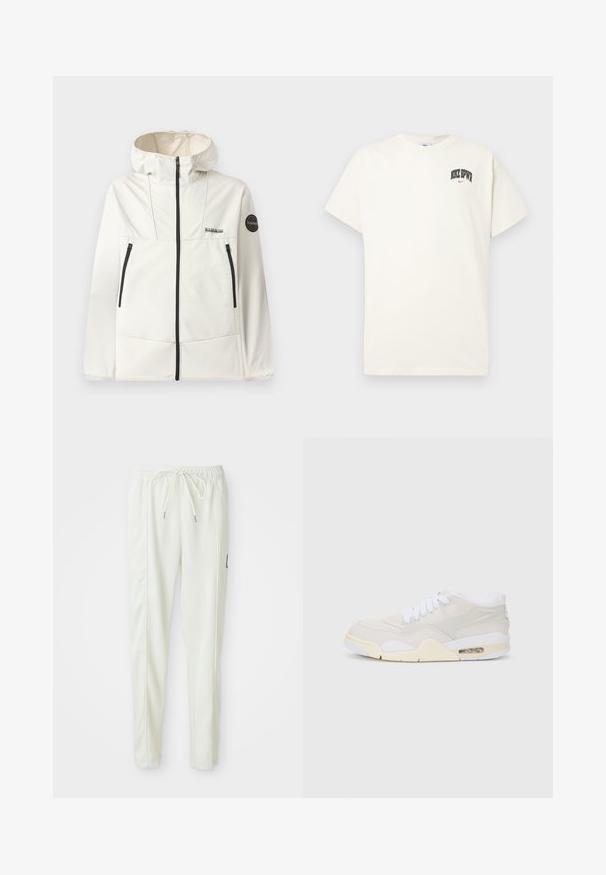 Lightweight, cream-colored jacket with a hood, featuring black zippers, two front pockets, and a circular logo on the left sleeve.; Cream-colored cotton t-shirt with short sleeves, featuring "NIKE SB" in black and red text on the chest. Standard round neckline.; White slim-fit jogger pants with elastic waistband and drawstring, featuring side seam detailing and a small black patch on the right leg.; Sneakers with a light beige synthetic upper, white laces, and visible cushioning. Features a smooth sole and subtle side accents.