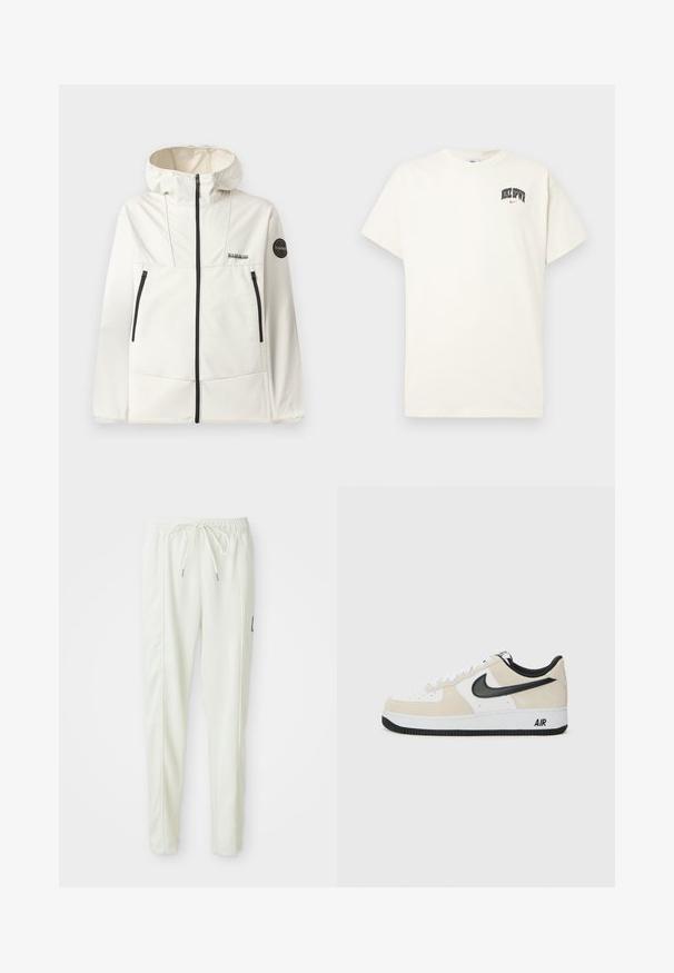 Lichtgewicht, crèmekleurige jas met een capuchon, voorzien van zwarte ritsen, twee voorzakken en een ronde logo op de linkermouw.; Crème-kleurige katoenen T-shirt met korte mouwen, voorzien van "NIKE SB" in zwarte en rode tekst op de borst. Standaard ronde halslijn.; Witte slim-fit joggerbroek met elastische tailleband en trekkoord, met details aan de zijnaad en een klein zwart label op het rechterbeen.; Sneakers met een lichtbeige suède en witte leren bovenkant, zwarte Nike swoosh, zwarte accenten en een witte rubberen zool met "AIR" branding.
