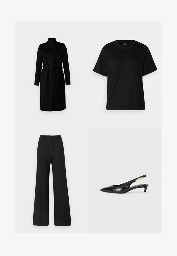 Bruuns Bazaar CATARINABBPERLE czarny; Czarny bawełniany t-shirt z okrągłym dekoltem, krótkimi rękawami i haftowanym logo na piersi. Prosty, luźny krój bez wzorów.; Czarne spodnie szerokie o dopasowanym kroju, z gładką teksturą i subtelnymi fałdami z przodu. Brak widocznych elementów metalowych lub wzorów.; Czarne skórzane szpilki typu slingback z ostrym noskiem, posiadające smukły obcas i złoty akcent na regulowanym pasku. Gładka tekstura.