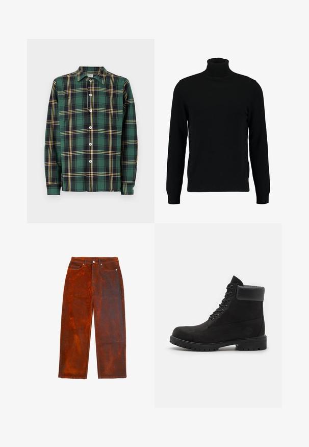 Groene flanellen overhemd met een zwart en geel ruitpatroon, lange mouwen, een kraag en knoopsluiting aan de voorkant. Kenmerkt zich door witte knopen en een label.; Zwarte coltrui gemaakt van een zacht breimateriaal. Heeft lange mouwen, een geribbelde kraag en zoom. Eenvoudig, strak ontwerp zonder patronen.; Roodbruin denim jeans met een wijde pijp, vijf zakken en metalen hardware. Gladde textuur met een licht versleten afwerking.; Zwarte enkellaars met vetersluiting, voorzien van een gevoerde kraag en een robuuste zool, weergegeven in profiel tegen een witte achtergrond.