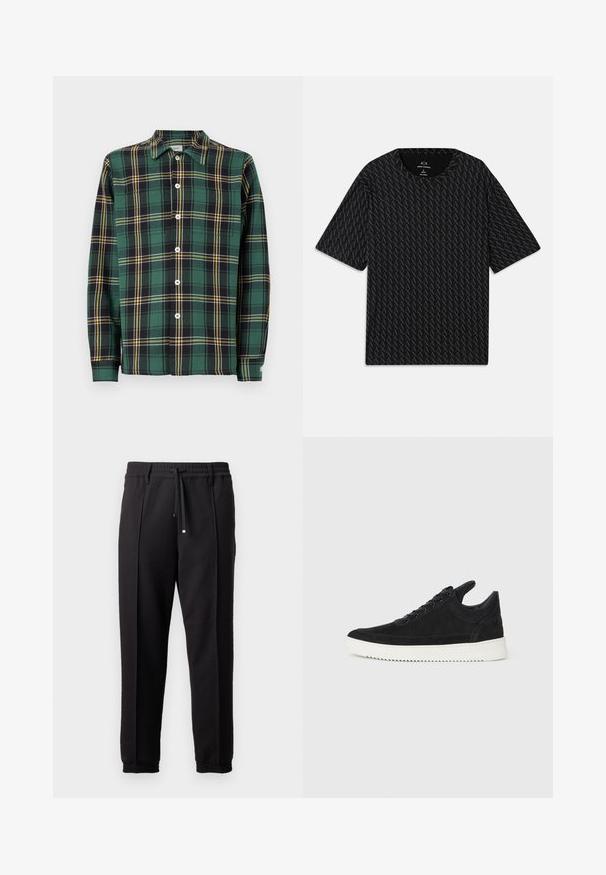 Zelená flanelová košile s černým a žlutým kostičkovaným vzorem, dlouhé rukávy, límeček a zapínání na knoflíky. Obsahuje bílé knoflíky a štítek.; Černé tričko s texturovaným vzorem střídajících se logo 'A', krátké rukávy a kulatý výstřih. Vyrobeno z lehkého materiálu.; Černé kalhoty s páskem, šňůrkou na stažení a elastickými manžetami. Obsahují sklady a hladkou, strukturovanou látku.; Černé semišové tenisky s bílou gumovou podrážkou, s tónovým prošitím a šněrováním. Hladký povrch s moderním, aerodynamickým tvarem.