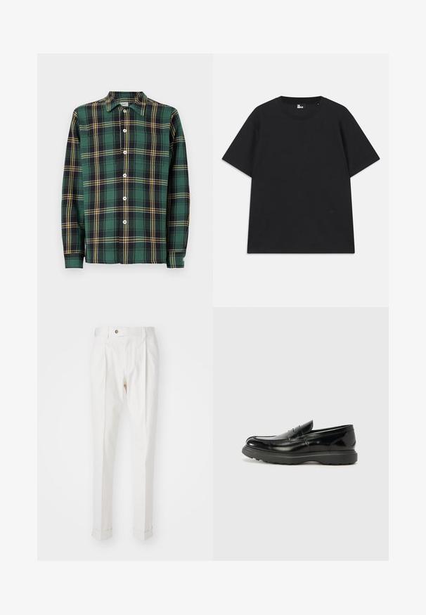 Zelena flanel košulja s crno-žutom kariranim uzorkom, dugih rukava, ovratnikom i zatvaranjem na gumbe. Sadrži bijele gumbe i oznaku.; Crna kratkotrajna majica s kratkim rukavima od pamuka, s okruglim izrezom i malim logotipom blizu rubova. Glatka tekstura, klasičan kroj.; Bijele, krojene hlače s ravnim prednjim dijelom, dva nabora i prevrnutim manžetama. Izrađene su od glatkog materijala s gumbom za zatvaranje u struku.; Crne kožne mokasine s sjajnom završnom obradom, okruglim vrhom, suptilnim detaljima šivanja i debelim gumenim đonom za izdržljivost.