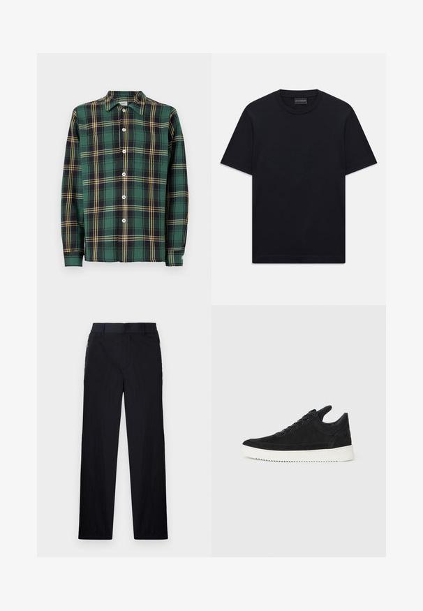 Roheline flanellpusero musta ja kollase ruudustikuga, pikkade varrukatega, krae ja nööbiga ees. Omab valgeid nööpe ja sildiga.; Must ja lühikeste varrukatega T-särk ümaratest kaelusest, diskreetne reljeefne logo disain, mis on keskendatud rinnale, ja kaubamärgiga silt kaeluses.; Mustad püksid, millel on kerge, tekstuuriga kangas, sirge jala disain, elastne vöökoht ja küljetaskud sipsiga.; Must mustel kingad valge kummist tallaga, millel on toon-toonis õmblused ja paeltega disain. Sile tekstuur ja moodne, voolujooneline kuju.