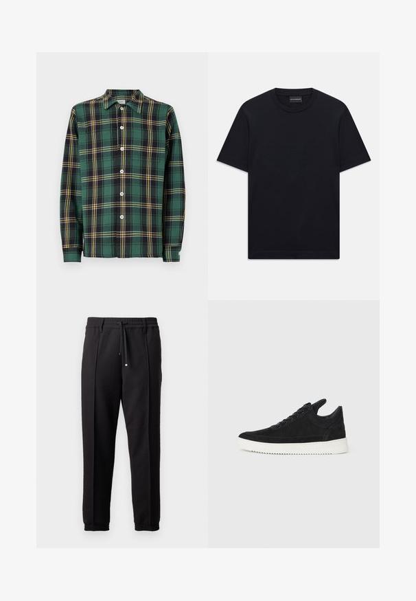Grön flanellskjorta med svart och gul rutmönster, långärmad, med krage och knappstängning fram. Har vita knappar och en etikett.; Svart kortärmad T-shirt med rund halsringning och subtilt upphöjd logodesign centrerad på bröstet samt en märkeslapp inuti kragen.; Svarta byxor med midjeresår, dragsnodd och elastiska muddar. Har veck och ett jämnt, texturerat tyg.; Svart mockaskor med en vit gummisula, som har ton-i-ton-sömmar och snörningsdesign. Slät textur med en modern, strömlinjeformad form.