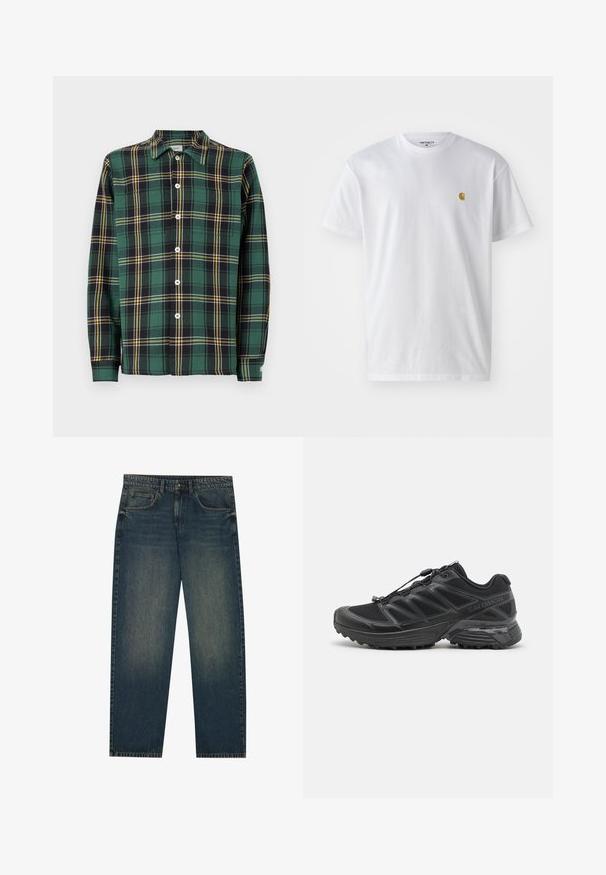 Grünes Flanellhemd mit schwarz-gelb kariertem Muster, langen Ärmeln, einem Kragen und durchgehender Knopfleiste. Verfügt über weiße Knöpfe und ein Etikett.; Weißes Baumwoll-T-Shirt mit kurzen Ärmeln, Rundhalsausschnitt, mit einem kleinen goldenen Logo im linken Brustbereich. Weicher Stoff und normale Passform.; Dunkelblaue Denim-Jeans mit geradem Schnitt, fünf Taschen-Design und leichter Waschung an den Beinen. Geeignet für legere Anlässe.; Schwarzer Laufschuh mit Obermaterial aus Mesh und Synthetik, flexibler Sohle und elastischen Schnürsenkeln. Verfügt über eine gepolsterte Zwischensohle für zusätzlichen Komfort.