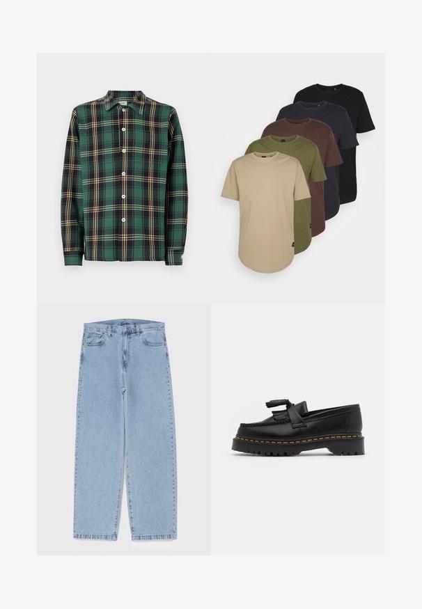 Zöld flanel ing fekete és sárga kockás mintával, hosszú ujjú, gallérral és gombos elülső zárással. Fehér gombokkal és címkével rendelkezik.; Öt, színátmenetes kialakítású póló: bézs, olíva, barna, sötétkék és fekete. Puha pamutból készült, rövid ujjú és kerek nyakkivágású.; Világoskék farmernadrág egyenes szárú kivitelben, közepes derékkal, öt zsebbel, gombos és cipzáros záródással.; Fekete bőr mokaszin, rojtos díszítéssel, masszív fekete talppal és sárga varrással az élén. Texturált felület.
