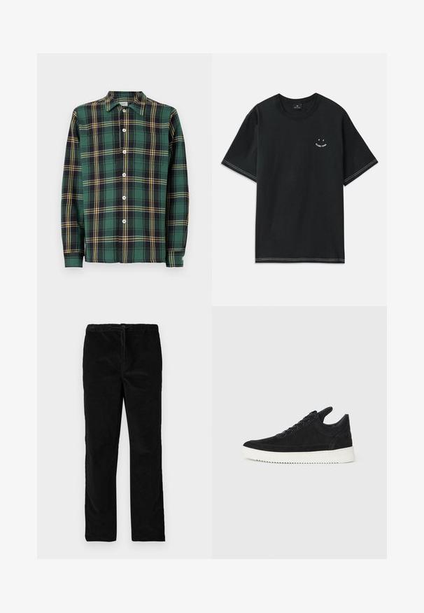 Camicia di flanella verde con motivo a quadri neri e gialli, maniche lunghe, colletto e chiusura frontale con bottoni. Presenta bottoni bianchi e un’etichetta.; T-shirt in cotone nero con maniche corte, scollo a girocollo e dettagli in cucitura bianca. Include una piccola grafica sul petto.; Pantaloni neri in velluto a gamba dritta con vita elastica e cordoncino anteriore, esposti su uno sfondo bianco uniforme.; Sneaker in suede nero con suola in gomma bianca, caratterizzato da cuciture tonali e design con lacci. Texture liscia con una forma moderna e aerodinamica.