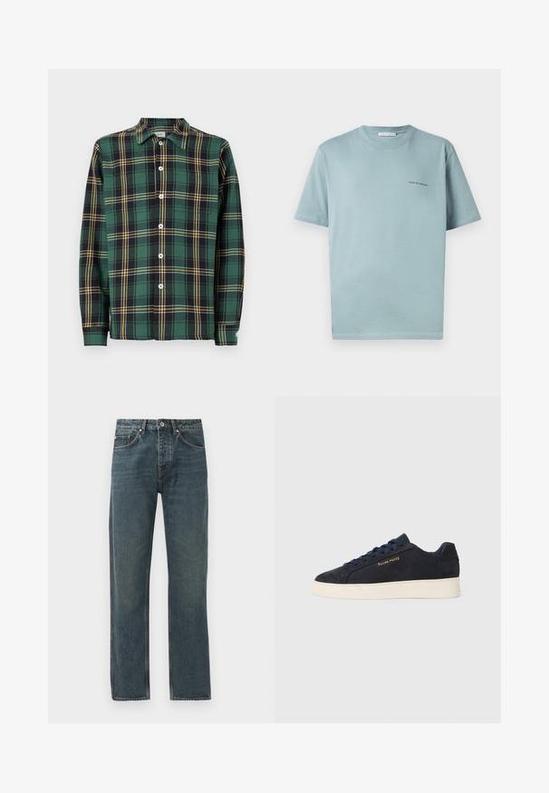 Zeleno flanelsko srajco s črno-rumeno karo motivom, dolgi rokavi, ovratnik in gumbasta sprednja zapirala. Ima bele gumbe in etiketo.; Svijetloplava pamučna majica s okruglim izrezom, kratkim rukavima i malim logotipom "TIGER OF SWEDEN" na lijevoj strani grudi. Glatka tekstura.; Temno modri denim kavbojke s ravno krojem, ki vključujejo pet žepov, gumbno zapiranje in kontrastne šive.; Mornarsko modre semiš nizke superge z belim podplatom, mornarskimi vezalkami in z zlatim logotipom "Filling Pieces" na strani.