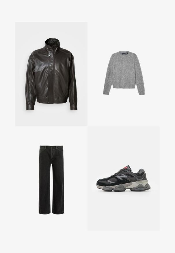 Barna bőrkabát magas gallérral, fém patentgombokkal és letisztult dizájnnal. Jellemzője a sima textúra és a diszkrét varrási részletek.; Szürke, hosszú ujjú pulóver bolyhos anyagból, kerek nyakkivágással és rövid fazonnal. Simaságával lágy, könnyű megjelenést kölcsönöz.; Zöld pamut póló rövid ujjakkal, bordás kerek nyakkivágással és hímzett Nike logóval a mellkasán. Simá szövet és laza fazon.; Fekete farmerszövet, bő szárú nadrág magas derékkal, klasszikus ötpocket kivitelben, és finom kopással a texturált megjelenés érdekében.; Fekete és szürke sportcipő, amely velúr és hálós anyagok keverékéből készült, vastag talppal, hangsúlyos logóval és piros akcentussal a nyelvén.