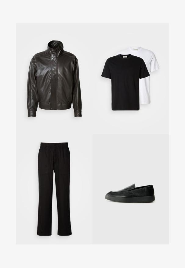 Brown leather jacket with a high collar, metallic snap closures, and streamlined design. Features smooth texture and subtle stitching detail.; Two plain cotton T-shirts, one black placed in front of a white one, both with short sleeves and round necklines.; Black pants with a relaxed fit, made from lightweight fabric. Features an elastic waistband, button closure, and two front pockets.; Calvin Klein HYBRID CUP - Slip-ons - triple black
