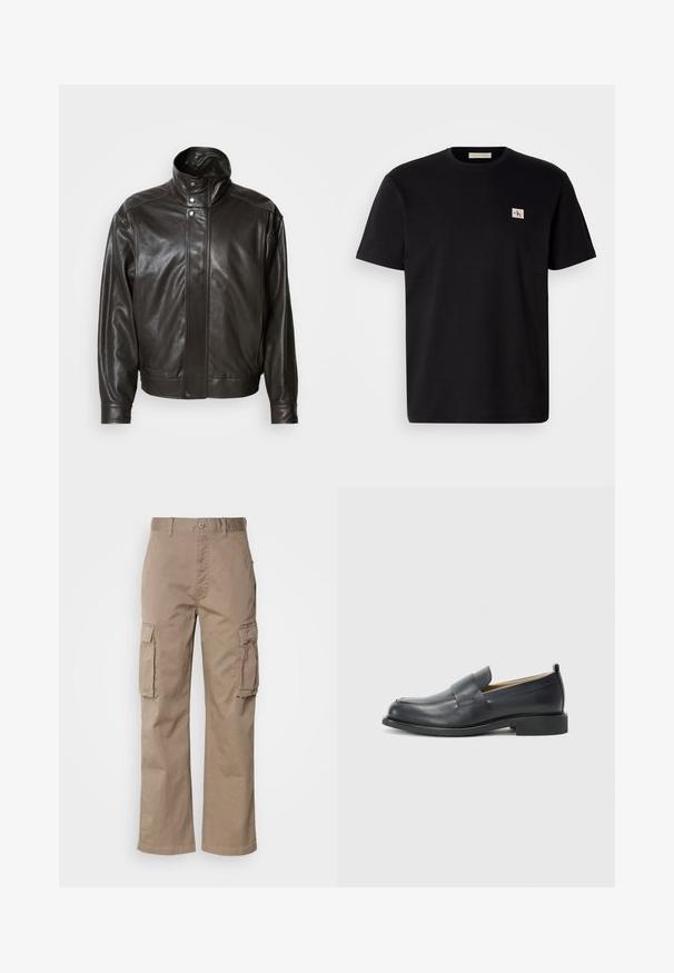 Smeđa kožna jakna s visokim ovratnikom, metalnim kopčama na dugmad i uskim dizajnom. Ima glatku teksturu i suptilan detalj šivanja.; Crna pamučna majica s kratkim rukavima, okruglog izreza, s malim izvezenim logotipom na lijevoj strani prsnog koša. Glatka tekstura, regularan kroj.; Beige cargo hlače od pamuka, s opuštenim krojem, s dva bočna džepa i zatvaranjem na dugme na struku.; Crne kožne mokasine s glatkom površinom, ravnim đonom i zaobljenim prstima, s dekorativnom trakom preko gornjeg dijela.