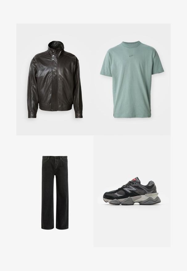 Smeđa kožna jakna s visokim ovratnikom, metalnim kopčama na dugmad i uskim dizajnom. Ima glatku teksturu i suptilan detalj šivanja.; Zelena pamučna majica s kratkim rukavima, rebrastim okruglim izrezom i izvezenim Nike logom na prsima. Glatka tekstura i opušten kroj.; Crne traperice s širokim nogavicama i visokim strukom, s klasičnim dizajnom pet džepova i suptilnim izbljeđenjem za teksturirani izgled.; Crne i sive tenisice s kombinacijom antilopa i mrežastih materijala, debelim đonom, istaknutim logotipom i crvenim naglaskom na jeziku.