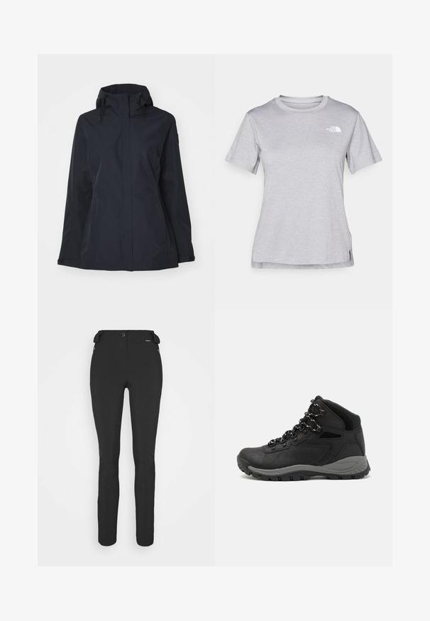 Tamsiai mėlynas vandeniui atsparus džemperis su kapišonu, reguliuojamomis raišteliais, šoninėmis kišenėmis ir glotnia tekstūra. Tiesus kirpimas užtikrina laisvą priglausimą.; Pilkas trumpomis rankovėmis marškinėliai, pagaminti iš minkštos, drėgmę sugeriančios medžiagos. Turi apvalią iškirptę ir mažą baltą logotipą viršutiniame kairiajame kampe.; Juodos, prigludusios kelnės, pagamintos iš lankstaus medžiagos. Ypatybės: šoninis kišenės užtrauktuku, suformuotos kelių sritys ir lygi tekstūra.; Juodas žygio botas su vidutinio aukščio dizainu, pasižymintis tekstūruota viršutine dalimi, pilkų akcentų ir patvaria guma padanga su sukibimo gumbais.