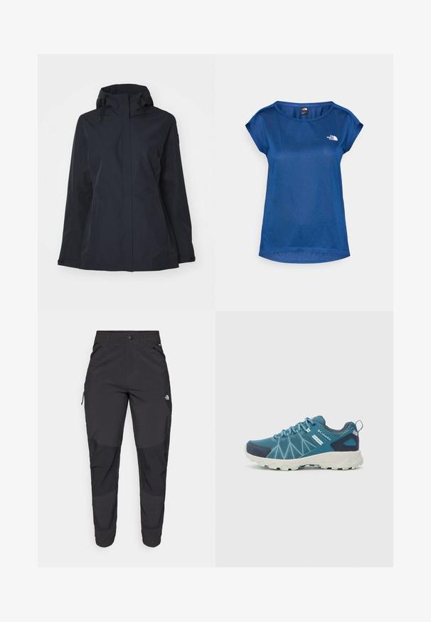 Tamno mornarica vodootporna jakna s kapuljačom, podesivim vezicama, bočnim džepovima i glatkom teksturom. Ravni kroj za opušteni stil.; The North Face TANKEN TANK - Sportska majica - estate blue/light heather; Crne vanjske hlače izrađene od izdržljivog materijala. Imaju džepove sa zatvaračem, ojačane paneli na koljenima i ravni kroj za slobodu pokreta.; Columbia PEAKFREAK™ II OUTDRY™ - Obuća za pješačenje - blue heron/skylight