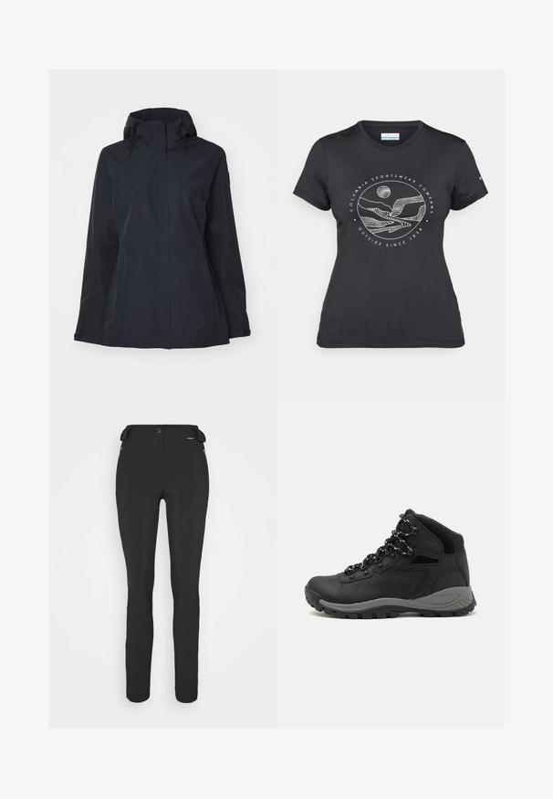 Mørk marineblå vanntett jakke med hette, justerbare snorer, sidelommer og glatt tekstur. Rett snittdesign for en avslappet passform.; Svart Columbia t-skjorte med hvit sirkulær fjell- og elvlinjekunst og tekst "Columbia Sportswear Company Outside Since 1938."; Svart, tettsittende bukser laget av et fleksibelt materiale. Funksjoner inkluderer en glidelåslukket sidelomme, artikulerte knær og en glatt tekstur.; Sorte turstøvler med mid-topp design, som har en teksturert overdel, grå detaljer og slitesterk gummisåle med godt grep.